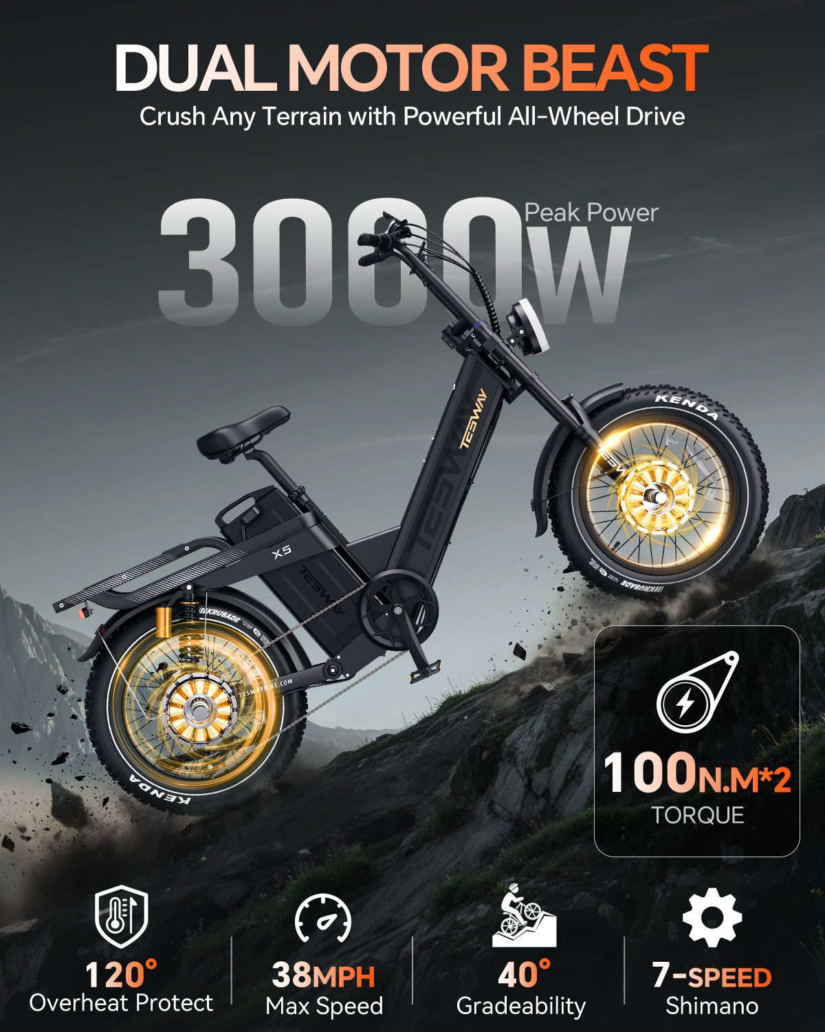 TESWAY X5 AWD Step-Thru E-Bike – 3000W Motor | UK warehouse
