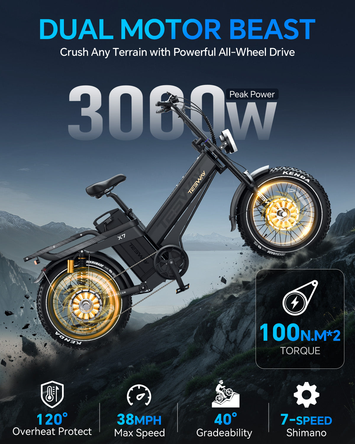 TESWAY X7 AWD - 3000W E-bike 200N·M Torque | UK warehouse