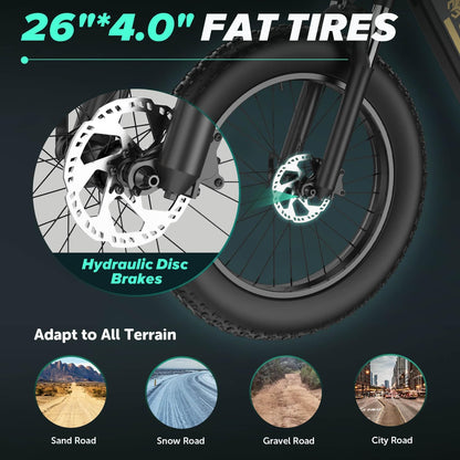 CYCROWN Ultra 26 Fat Tire Electric Mountain Bike 1000W Motor 48V 15Ah Battery