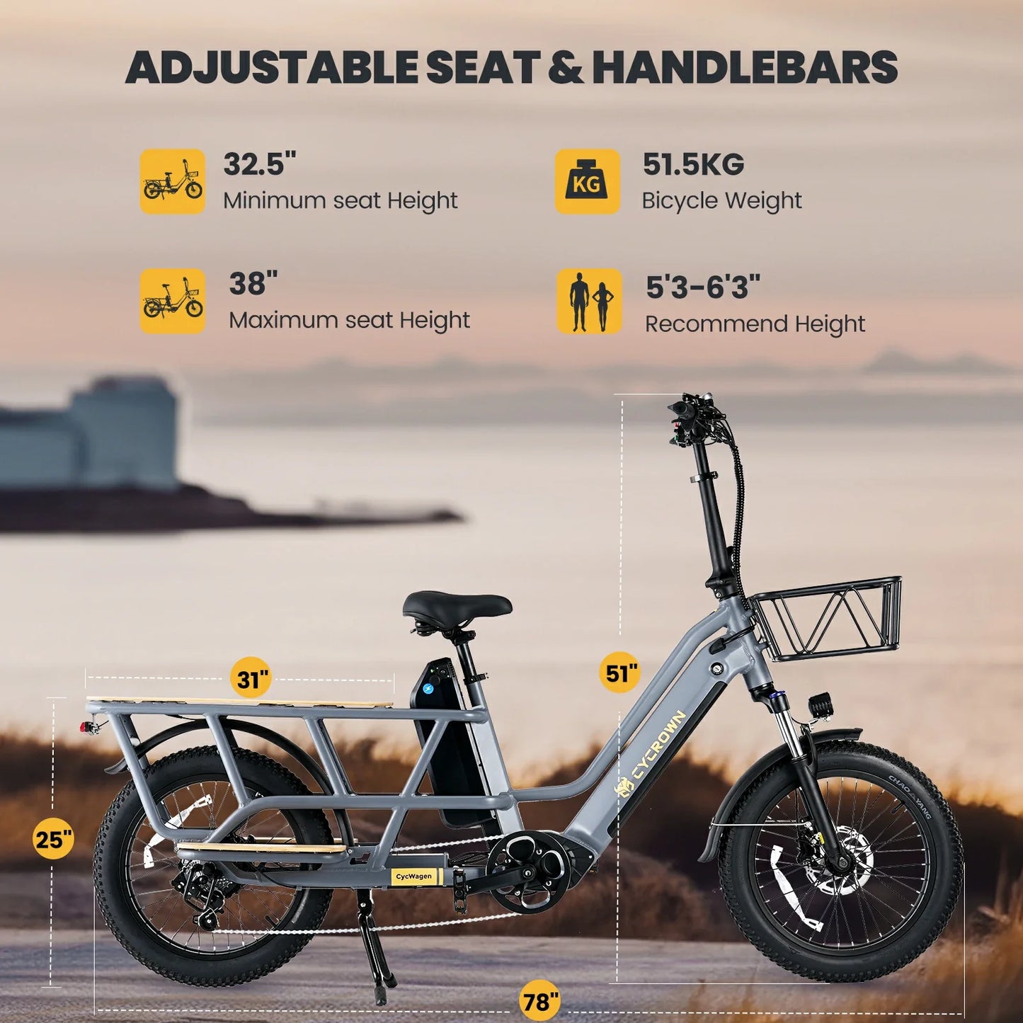 CYCROWN Wagen 20 Step-Thru Fat Tire Longtail Cargo Electric Bike 1000W Motor 48V 15.6Ah+10.4Ah Dual Batteries