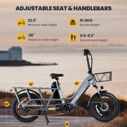 CYCROWN Wagen 20 Step-Thru Fat Tire Longtail Cargo Electric Bike 1000W Motor 48V 15.6Ah+10.4Ah Dual Batteries