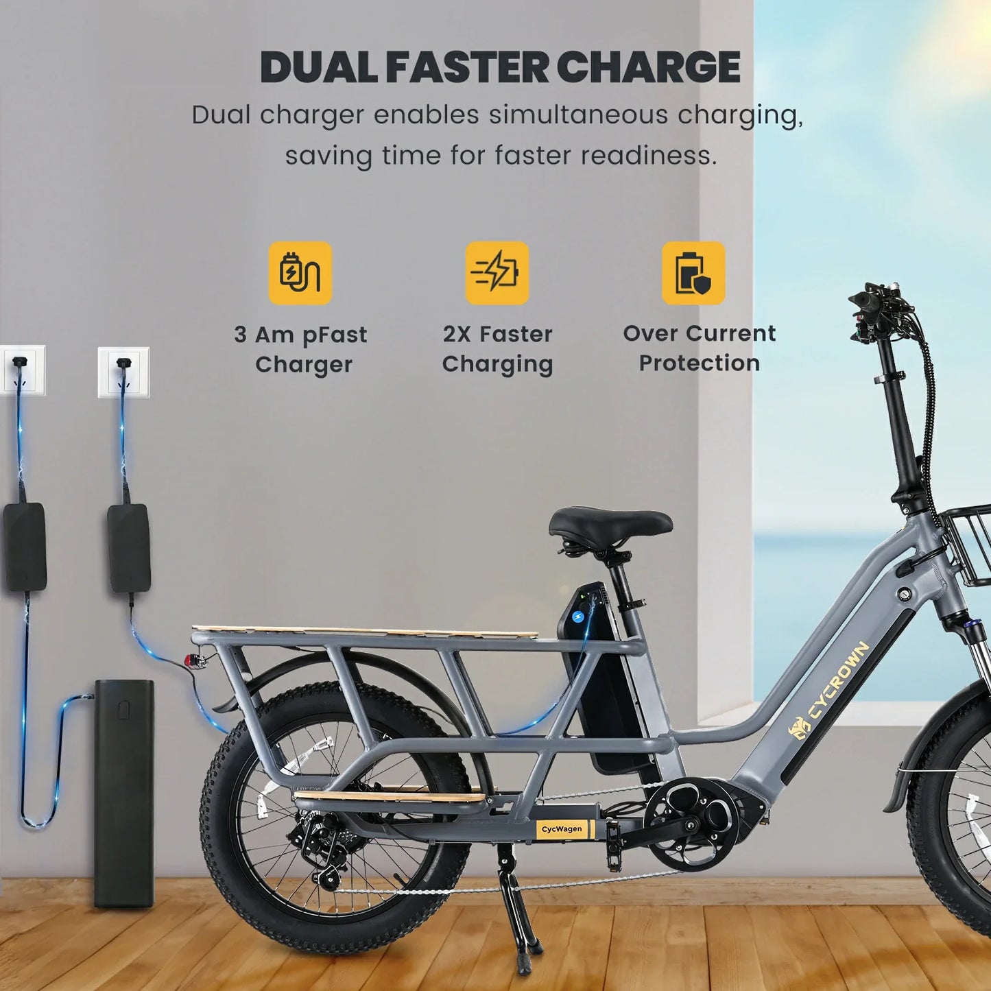 CYCROWN Wagen 20 Step-Thru Fat Tire Longtail Cargo Electric Bike 1000W Motor 48V 15.6Ah+10.4Ah Dual Batteries